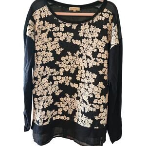 Democracy Medium Black White Floral & Sheer Chiffon Boho Sweater EUC